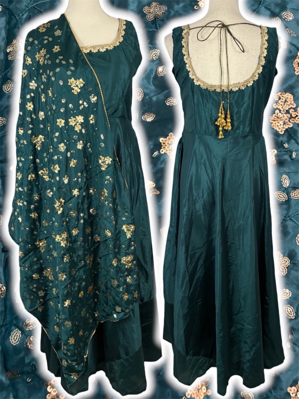 100% Silk Embroidered Anarkali Set L Teal Blue Gold Floral Dress Pants Dupatta
